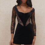 衣類 House of CB エレナ ブラック ベルベットとレースのコルセット ドレス 0N8J585