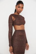 衣類 House of CB ブライス チョコレート プリント シャーリング メッシュ カットアウト クロップド トップ 0N8J755 - Image 11
