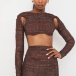 衣類 House of CB ブライス チョコレート プリント シャーリング メッシュ カットアウト クロップド トップ 0N8J755