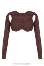 衣類 House of CB ブライス チョコレート プリント シャーリング メッシュ カットアウト クロップド トップ 0N8J755 - Image 4