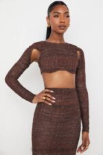 衣類 House of CB ブライス チョコレート プリント シャーリング メッシュ カットアウト クロップド トップ 0N8J755 - Image 8