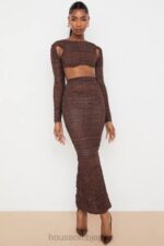 衣類 House of CB ブライス チョコレート プリント シャーリング メッシュ カットアウト クロップド トップ 0N8J755 - Image 9