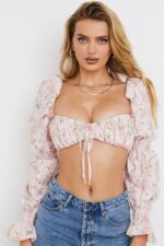 衣類 House of CB ヘンリエッタ ピンク フローラル シャーリング ブラレット トップ 0N8J745 - Image 2