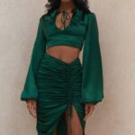 衣類 House of CB ペトロネラ エメラルドグリーンサテン ギャザースカート 0N8J983