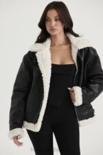 衣類 House of CB マッデンブラック ビーガン ムートン アビエーター ジャケット 0N8J1041 - Image 9