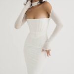 衣類 House of CB ミラローズ ホワイト メッシュ コルセット ミディ ドレス 0N8J484