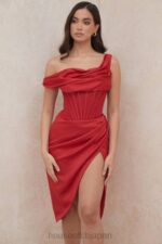 衣類 House of CB ルルレッド非対称ドレープミディコルセットドレス 0N8J587 - Image 13