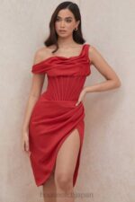 衣類 House of CB ルルレッド非対称ドレープミディコルセットドレス 0N8J587 - Image 15
