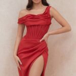 衣類 House of CB ルルレッド非対称ドレープミディコルセットドレス 0N8J587