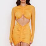 衣類 House of CB jeanelle オレンジ シャーリング メッシュ 長袖 カットアウト ミニドレス 0N8J533