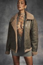 衣類 House of CB Madden Army グリーン ビーガン シアリング アビエーター ジャケット 0N8J1038 - Image 4