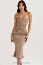 衣類 House of CB Sidonie latte サテン レースアップ ミディスカート 0N8J937 - Image 8